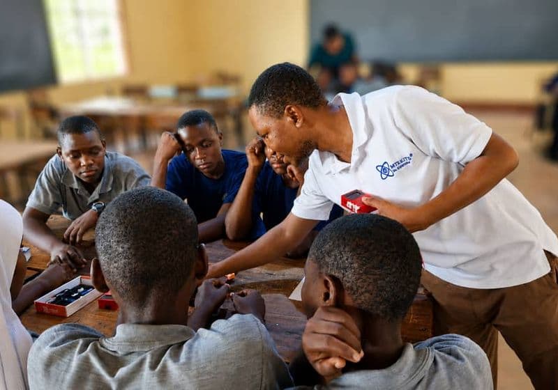 A hands-on science lesson using a STEM learning kit at Bidii Schools